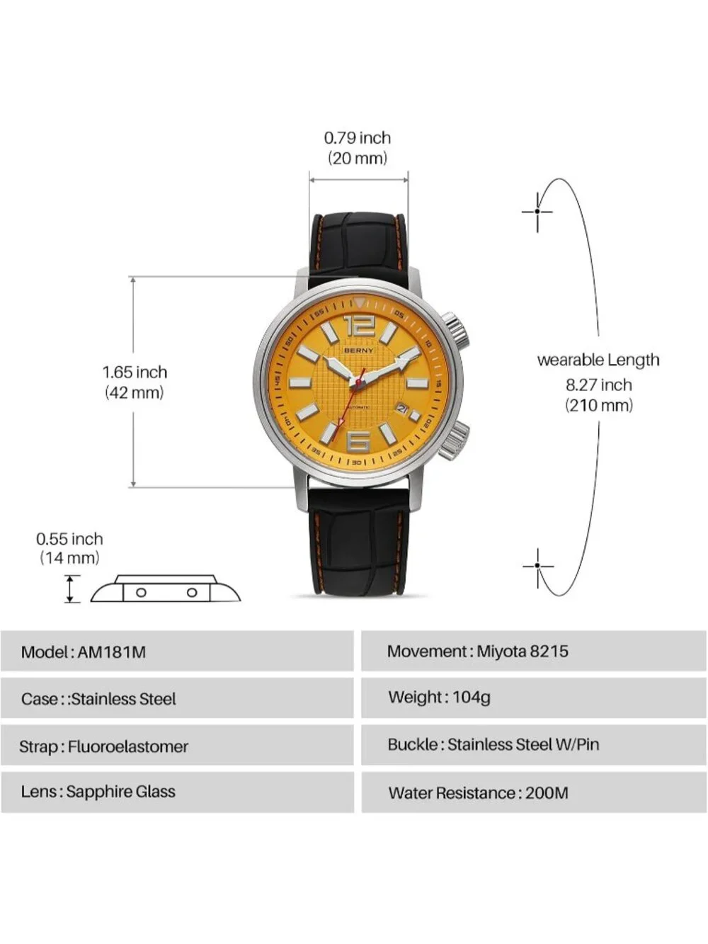 Men's Yellow Fluoroelastomer Band Automatic Waterproof Mechanical Movement Watch